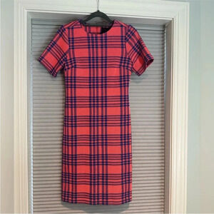 Cynthia Rowley stretchy knit sheath dress with coral and navy plaid pattern B-13